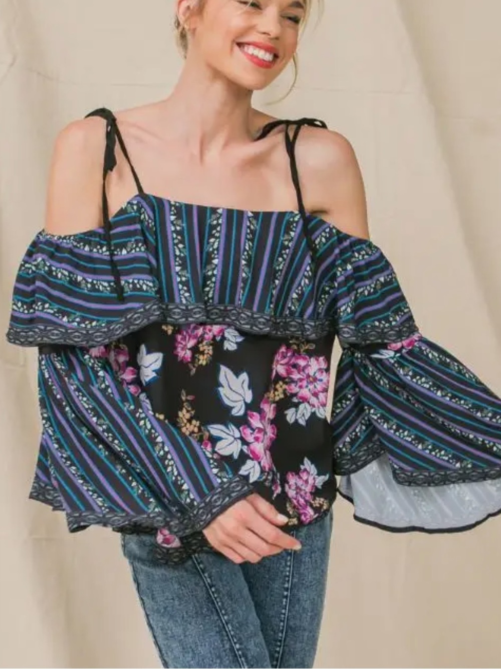 Flying Tomato Black Floral & Stripe Off-Shoulder Bell Sleeve Top